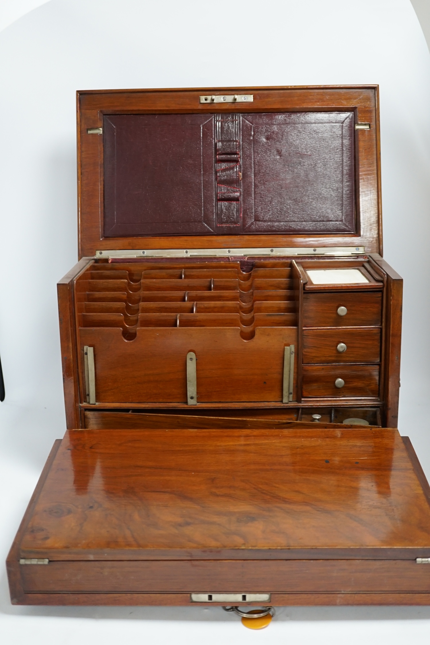 A Victorian burr walnut travelling stationery compendium combined with writing slope, 43cm wide. Condition - fair